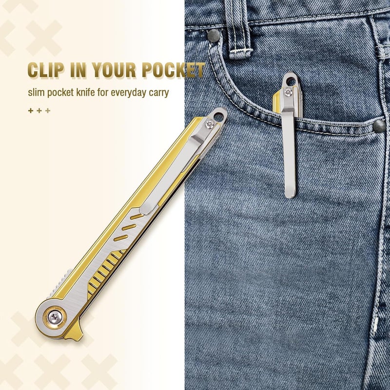 FUNBRO Cool Pocket Knife Gifts for Men, EDC Tanto Blade Folding Knives with Clip, Flipper Open Survival Knife with Window Breaker and Liner Lock for Outdoor Camping (Gold) - Image 5